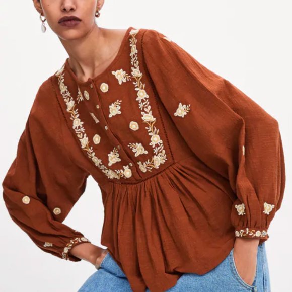 Zara Tops - ZARA Embroidered Peasant Blouse